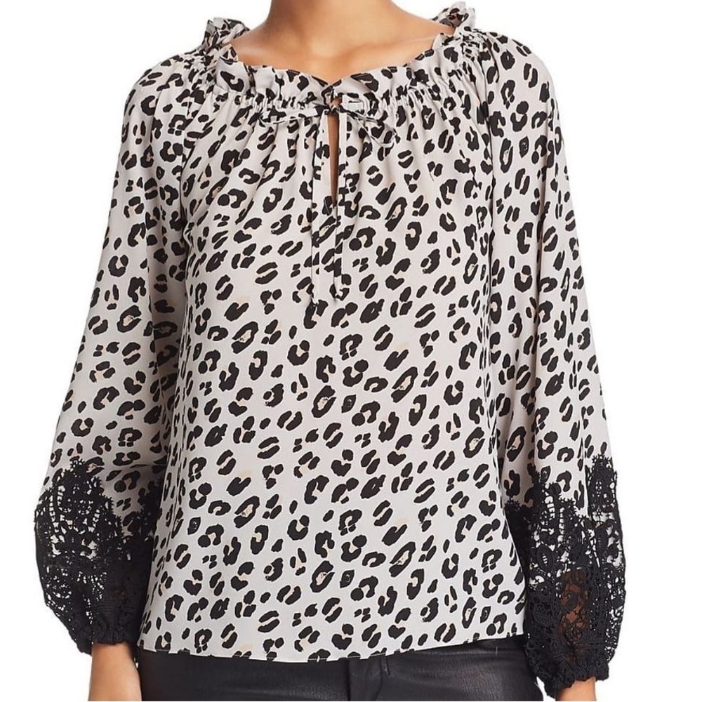 Elegant Black and White Leopard Blouse with Lace Trim